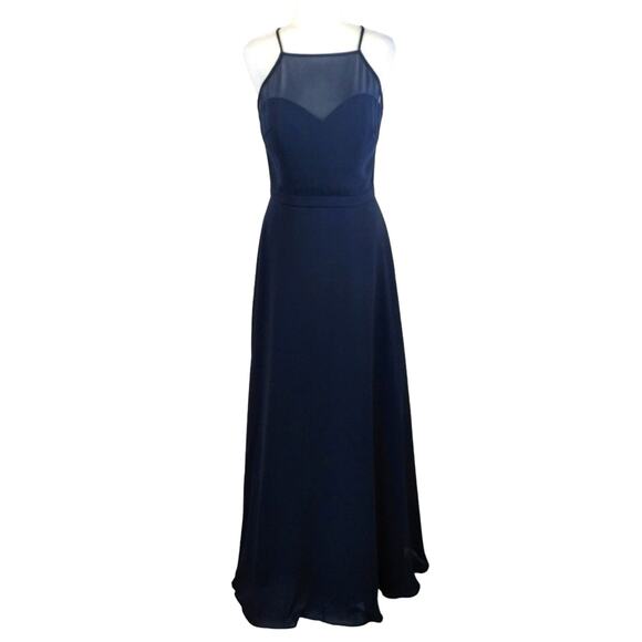O Bill Levkoff 1454 Women Navy Mesh Chiffon Halter Neck Bridesmaid Dress Size 8 - Picture 1 of 14